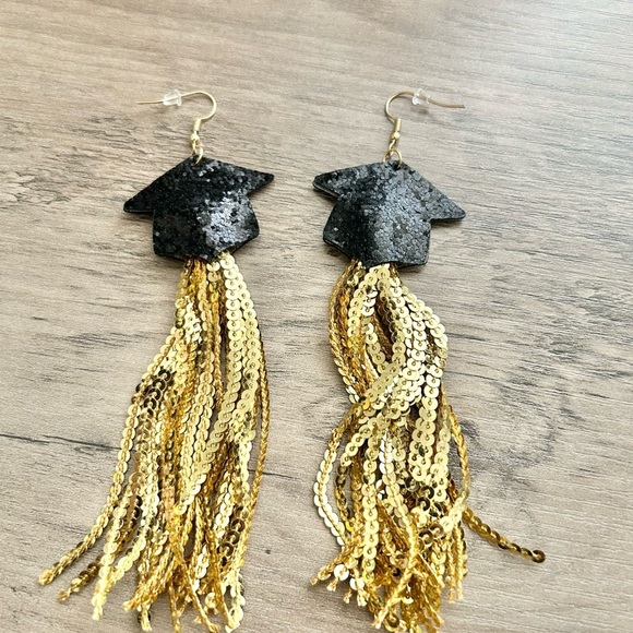 Graduation Cap Sequin Gold and Black Tassel Earrings-NEW! - Picture 6 of 6